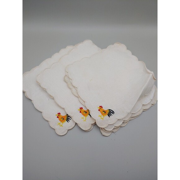 SET OF 12 ROOSTER MADIERA Vintage Cocktail Napkins 10 Matching Drink Coasters - Picture 1 of 11